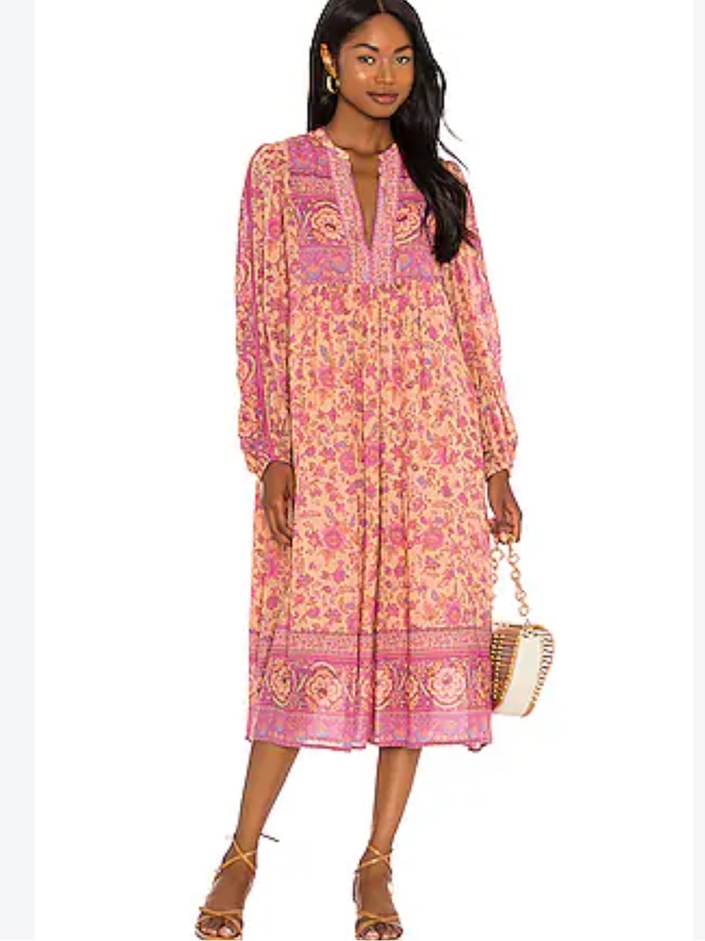 Spell & The Gypsy Collective Boho Floral Midi Dress Pink Orange